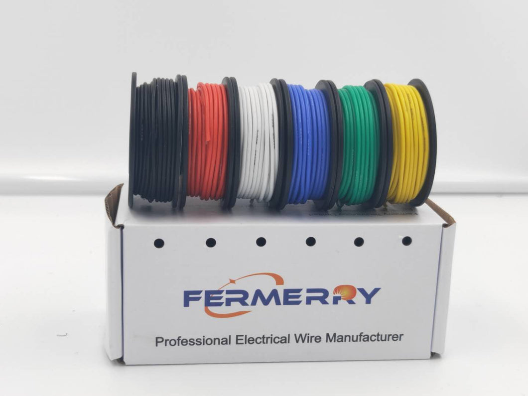 Fermerry 30 AWG Silicone Wire Kit Spool 25ft Each 6 Colors Flexible 30  Gauge Stranded Copper Wire Hook up Wire(6 Colors 25FT Each, 30AWG)